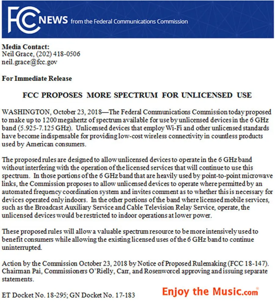 Musica senza perdita: FCC propone più spettro a 6 GHz per uso non autorizzato