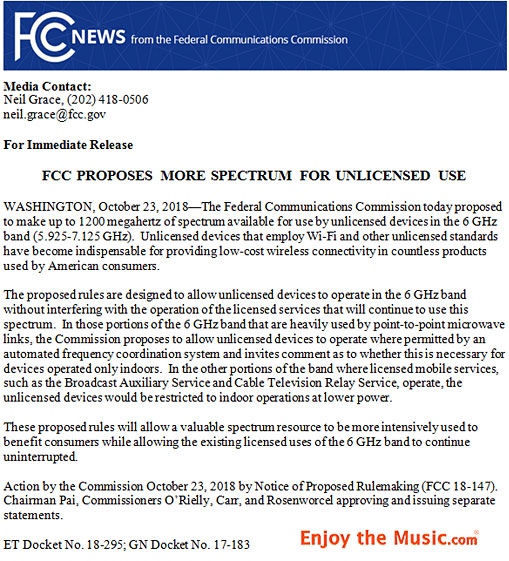 Musica senza perdita: FCC propone più spettro a 6 GHz per uso non autorizzato