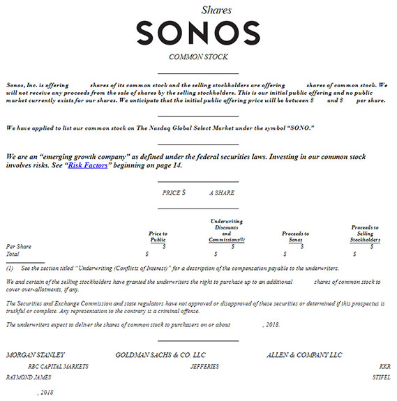 Sonos: Sonos Files Multi-Room Wireless Music / Movie Specialista S-1 per $ 100M IPO